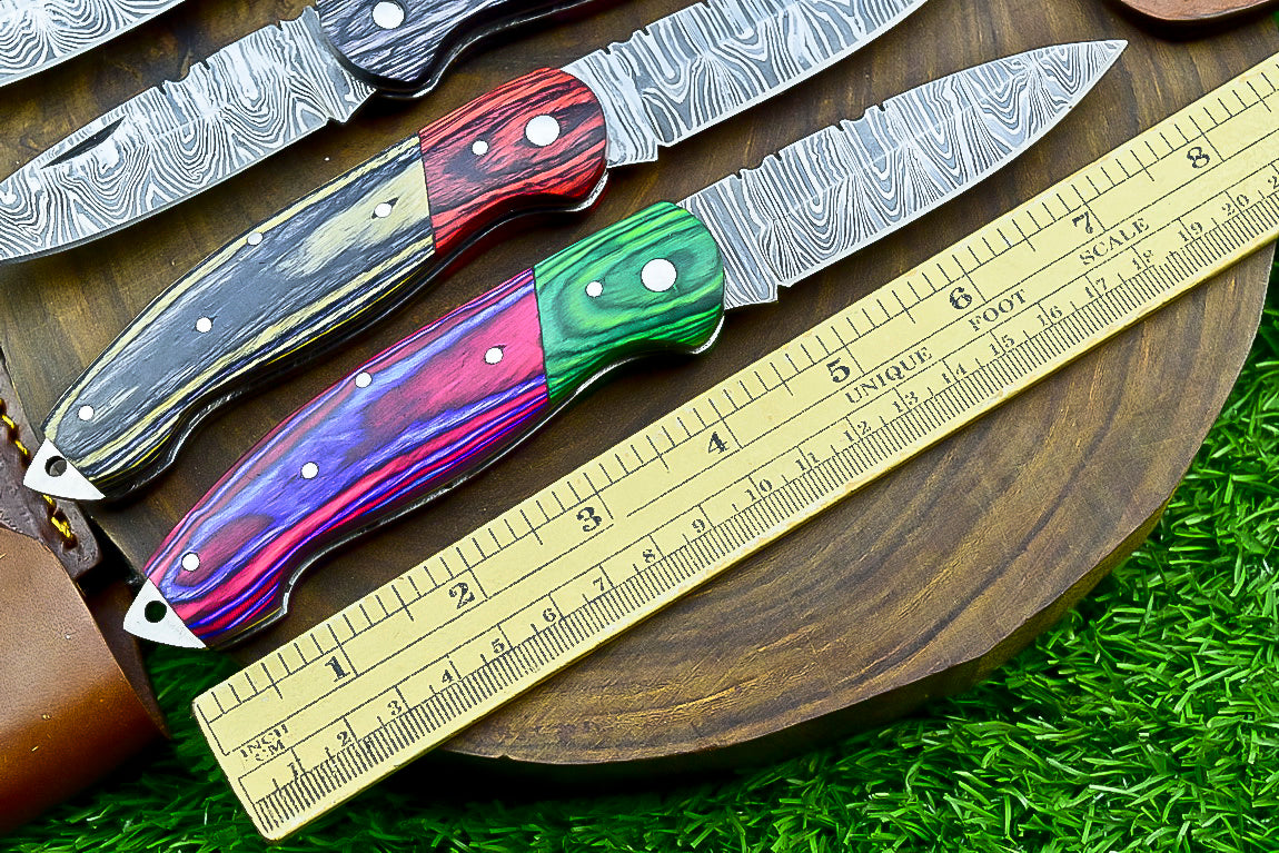 4 PCS Handmade Damascus Folding Knife Set – 7"Multicolor Wood Handle With Leather Sheath | SN-732