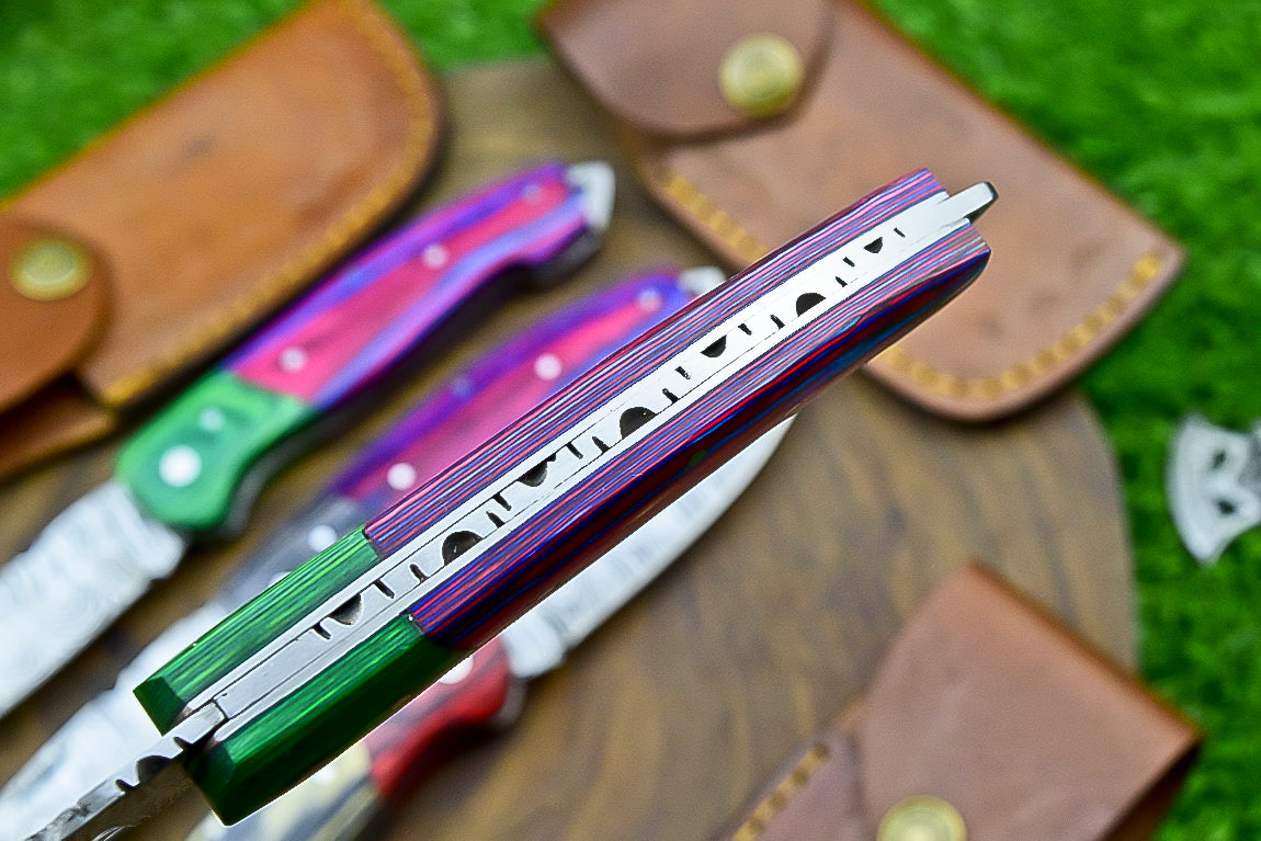 4 PCS Handmade Damascus Folding Knife Set – 7"Multicolor Wood Handle With Leather Sheath | SN-732