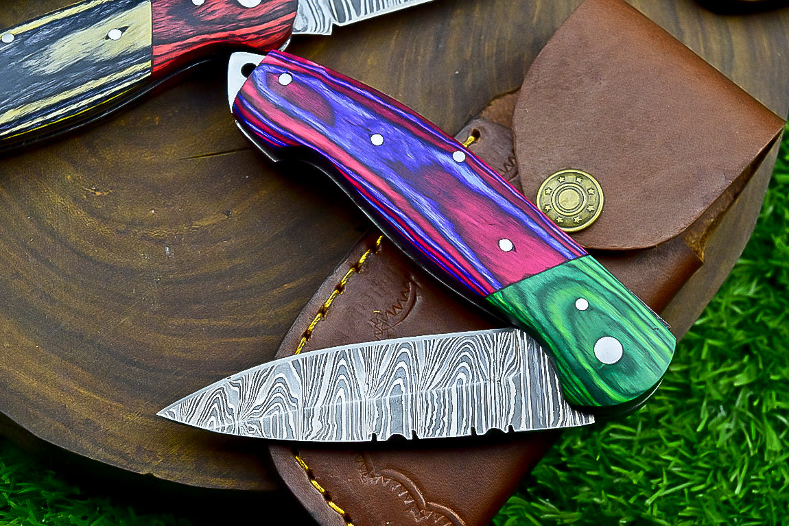 4 PCS Handmade Damascus Folding Knife Set – 7"Multicolor Wood Handle With Leather Sheath | SN-732