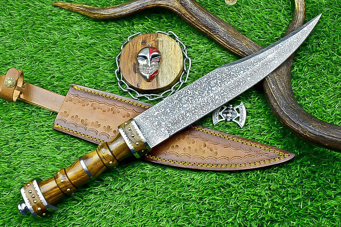 18.5" Custom Hand forged J2 Steel Blade , Engraved Bowie Knife – Natural Wood Handle | Hand-Forged Collectible Knife
