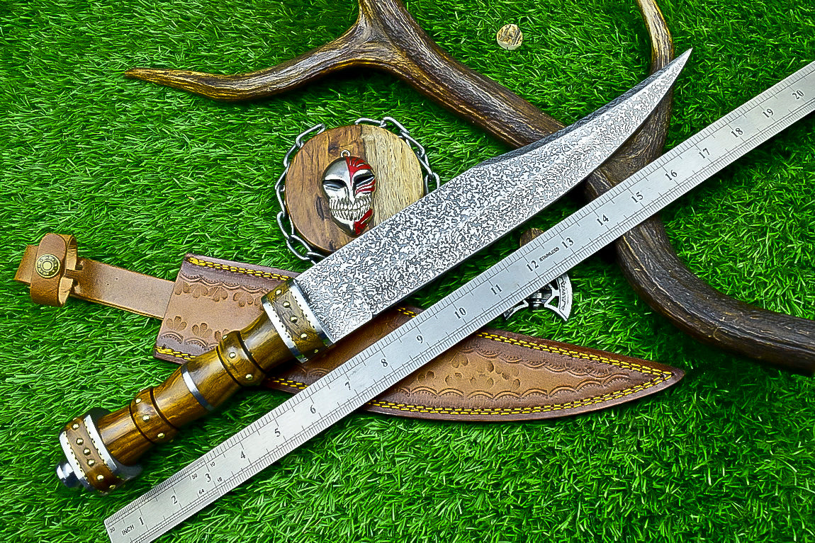 18.5" Custom Hand forged J2 Steel Blade , Engraved Bowie Knife – Natural Wood Handle | Hand-Forged Collectible Knife