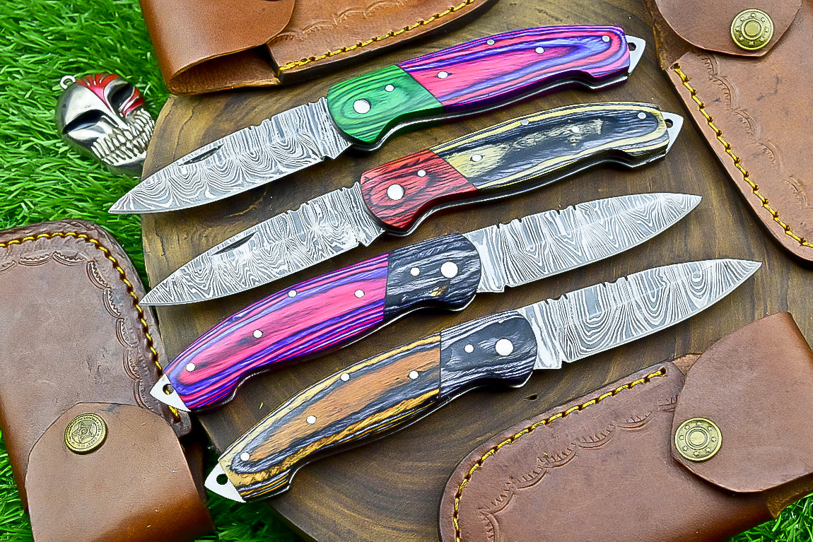 4 PCS Handmade Damascus Folding Knife Set – 7" – Multicolor Wood Handle With Leather Sheath | SN-739