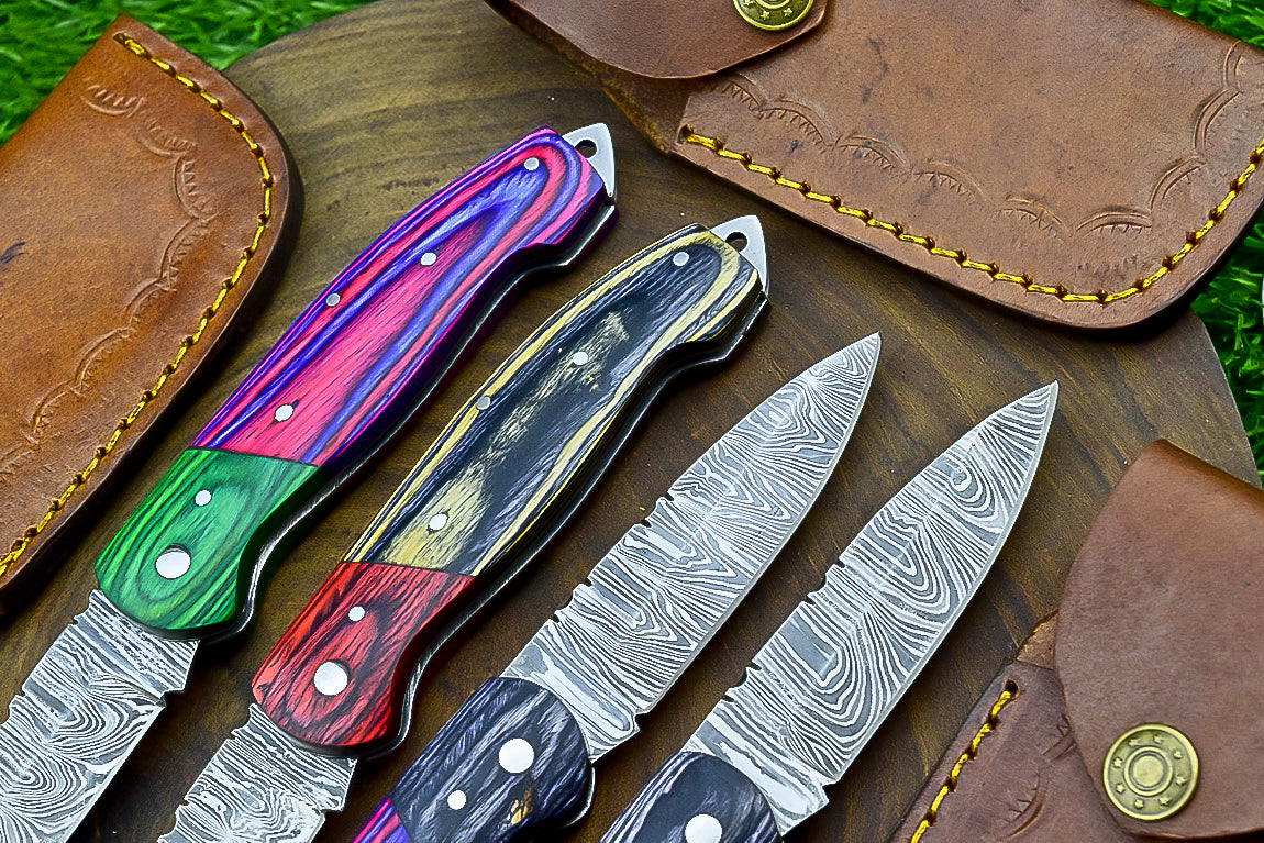 4 PCS Handmade Damascus Folding Knife Set – 7" – Multicolor Wood Handle With Leather Sheath | SN-739