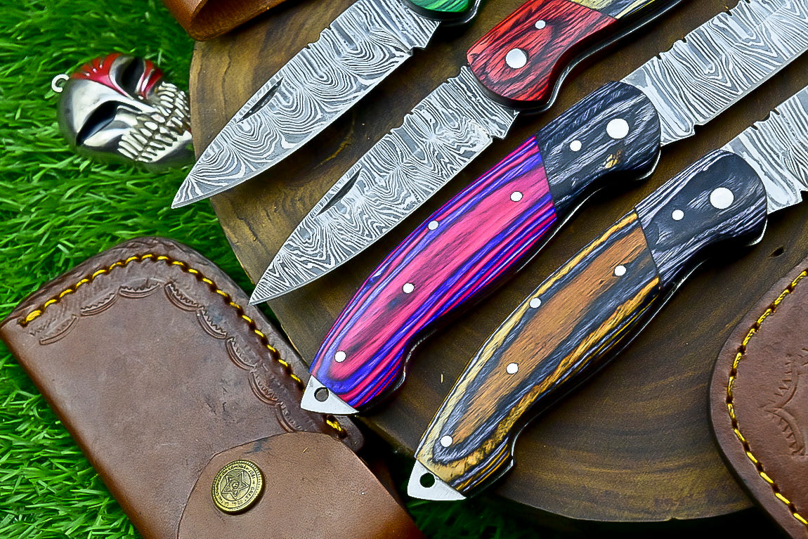 4 PCS Handmade Damascus Folding Knife Set – 7" – Multicolor Wood Handle With Leather Sheath | SN-739