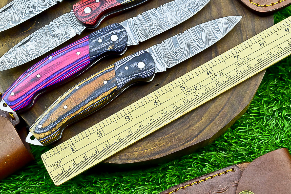 4 PCS Handmade Damascus Folding Knife Set – 7" – Multicolor Wood Handle With Leather Sheath | SN-739