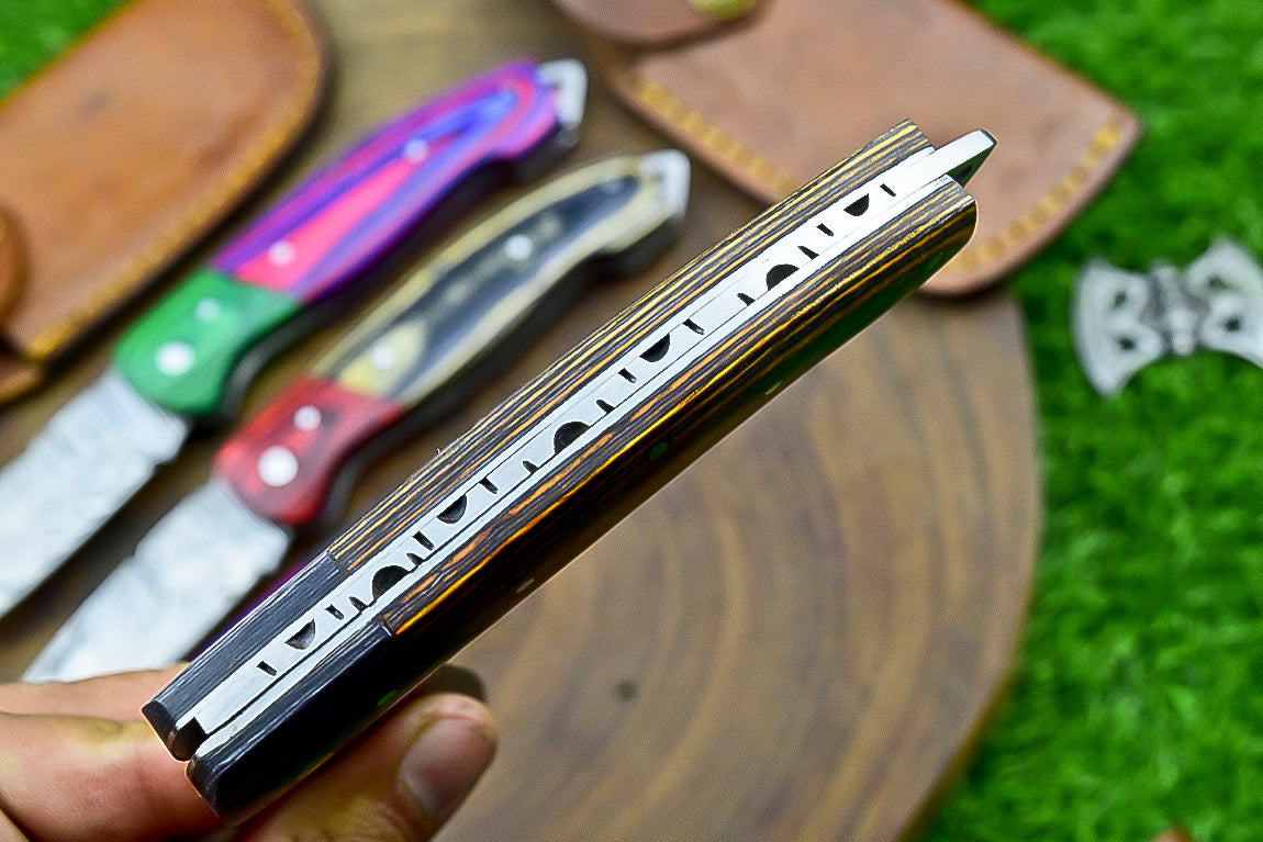 4 PCS Handmade Damascus Folding Knife Set – 7" – Multicolor Wood Handle With Leather Sheath | SN-739