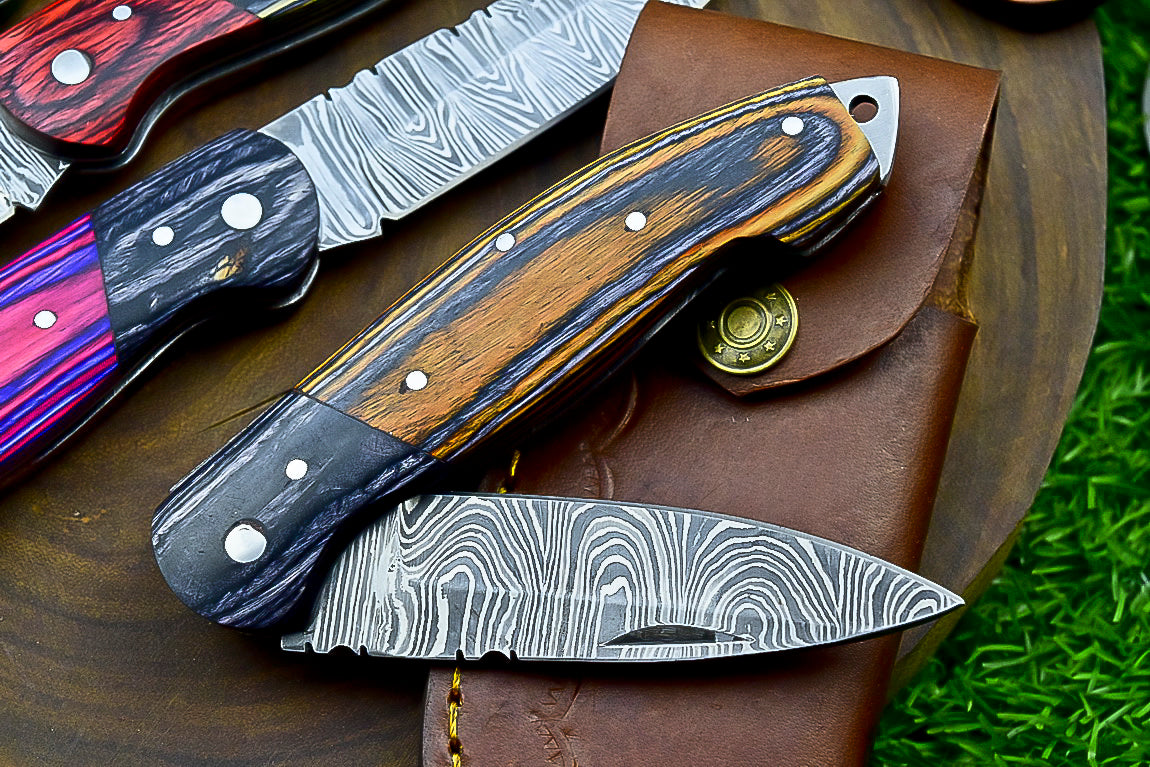 4 PCS Handmade Damascus Folding Knife Set – 7" – Multicolor Wood Handle With Leather Sheath | SN-739