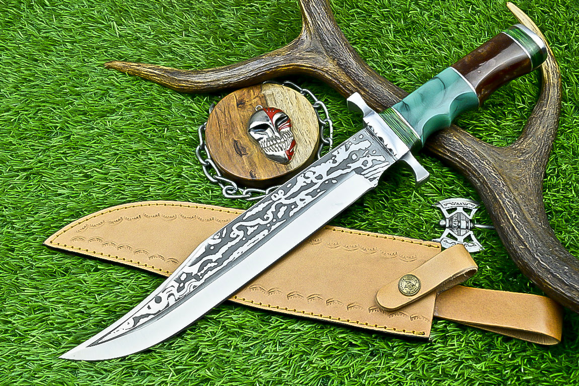 Handmade Damascus Steel Bowie Knife with Green Resin and Walnut Handle | UN-8212