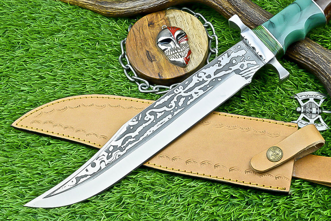 Handmade Damascus Steel Bowie Knife with Green Resin and Walnut Handle | UN-8212