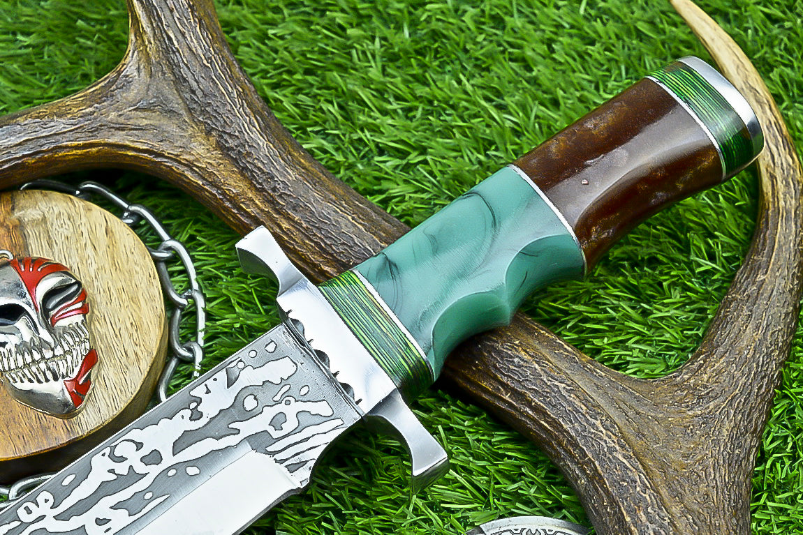Handmade Damascus Steel Bowie Knife with Green Resin and Walnut Handle | UN-8212