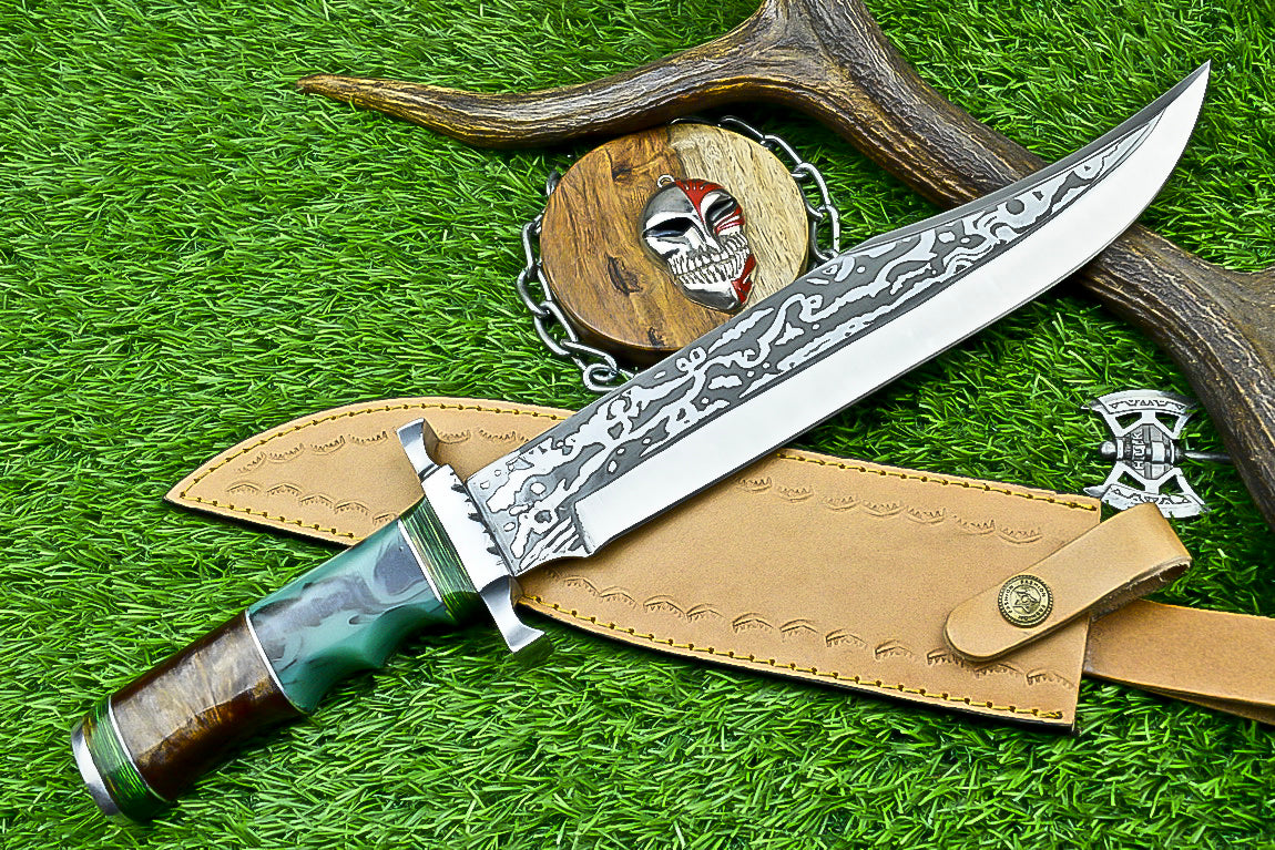 Handmade Damascus Steel Bowie Knife with Green Resin and Walnut Handle | UN-8212