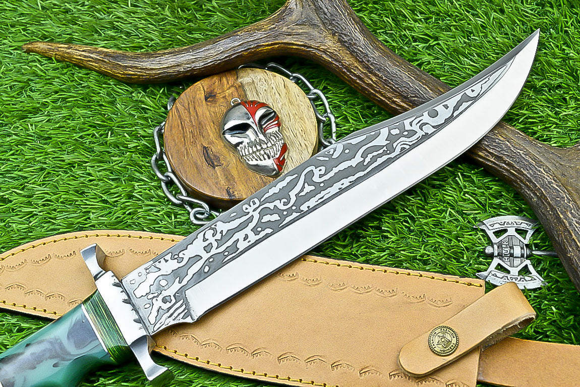 Handmade Damascus Steel Bowie Knife with Green Resin and Walnut Handle | UN-8212