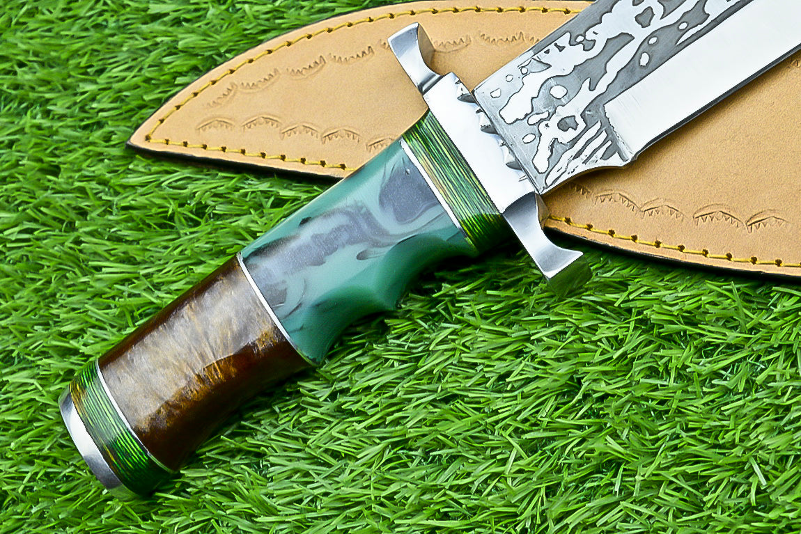 Handmade Damascus Steel Bowie Knife with Green Resin and Walnut Handle | UN-8212