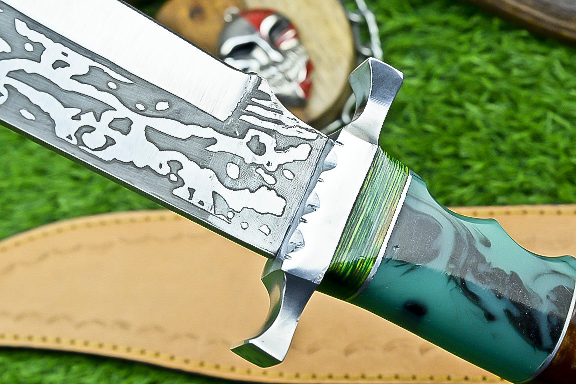 Handmade Damascus Steel Bowie Knife with Green Resin and Walnut Handle | UN-8212