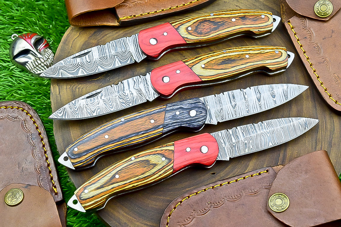 4 PCS Handmade Damascus Folding Knife Set – 7" Multicolor Wood Handle With Leather Sheath | SN-743