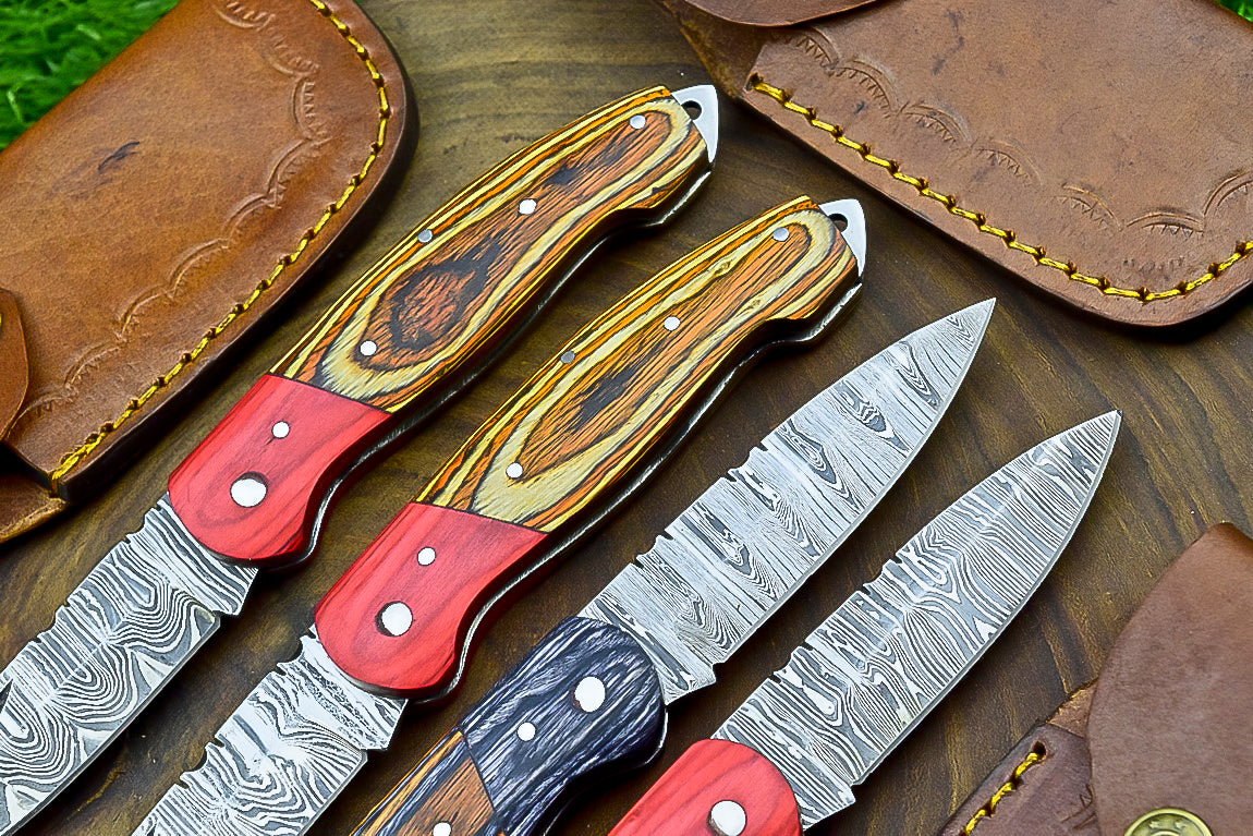4 PCS Handmade Damascus Folding Knife Set – 7" Multicolor Wood Handle With Leather Sheath | SN-743