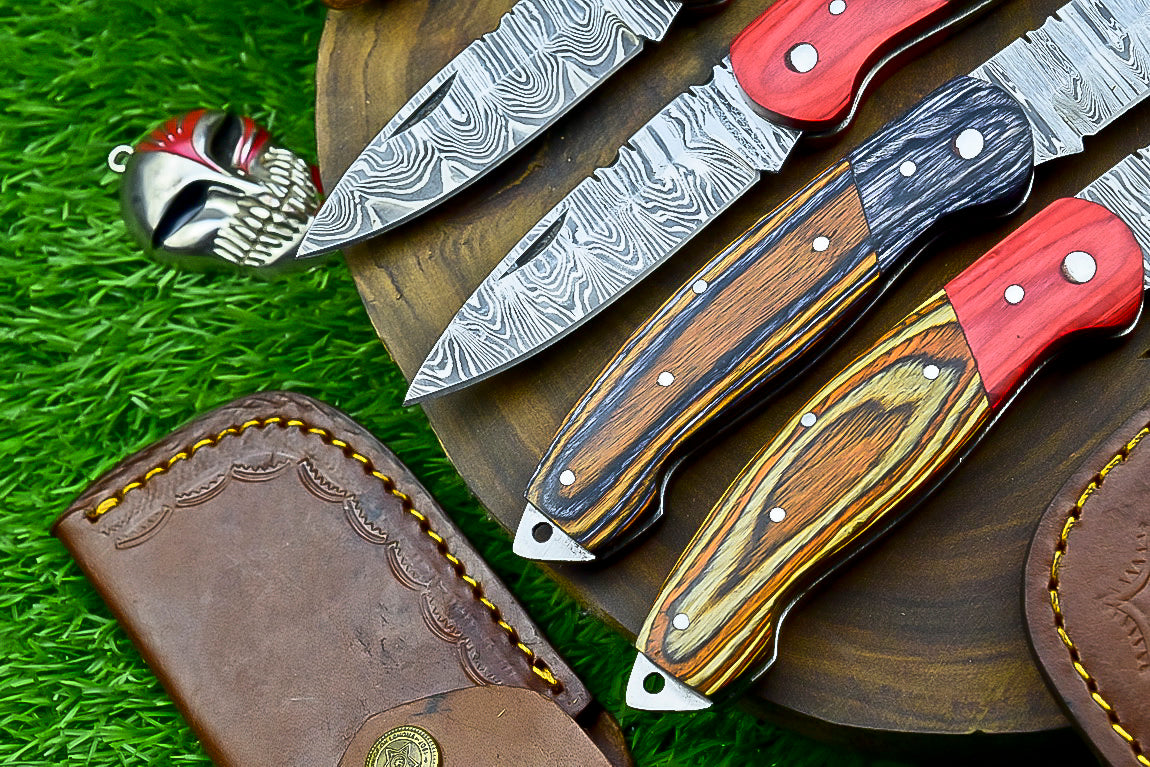 4 PCS Handmade Damascus Folding Knife Set – 7" Multicolor Wood Handle With Leather Sheath | SN-743