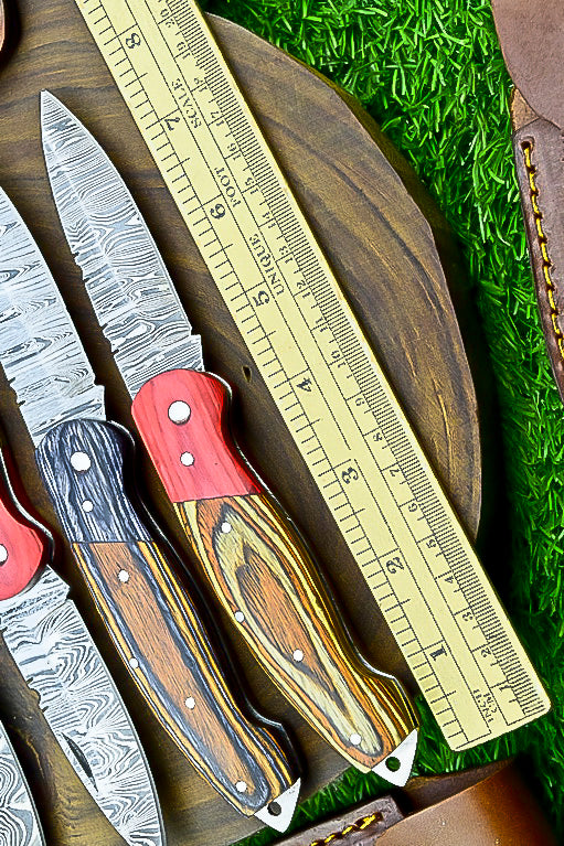 4 PCS Handmade Damascus Folding Knife Set – 7" Multicolor Wood Handle With Leather Sheath | SN-743