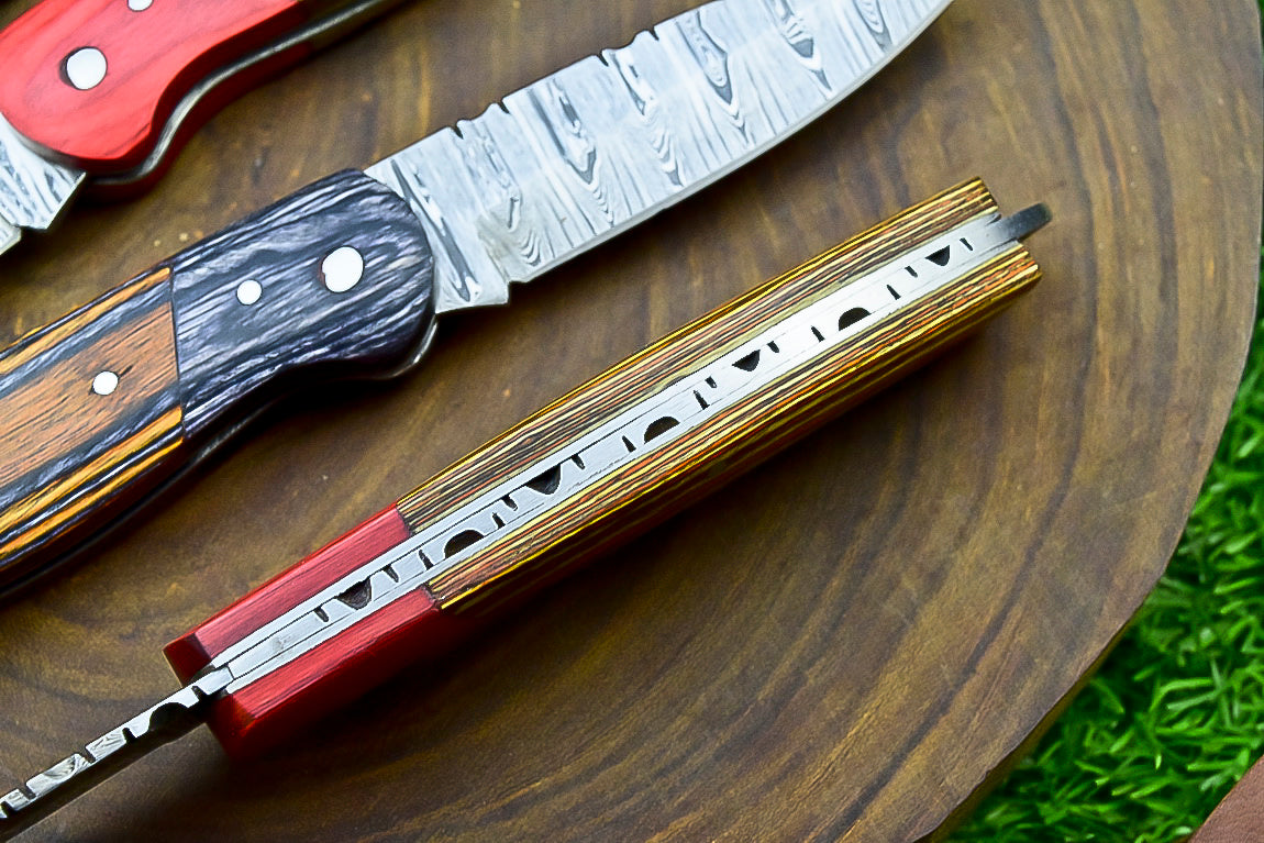 4 PCS Handmade Damascus Folding Knife Set – 7" Multicolor Wood Handle With Leather Sheath | SN-743
