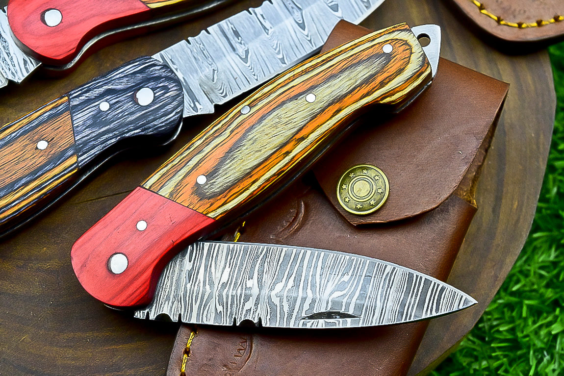 4 PCS Handmade Damascus Folding Knife Set – 7" Multicolor Wood Handle With Leather Sheath | SN-743