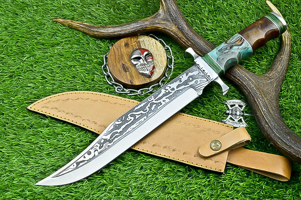 Custom Handmade Damascus Steel Bowie Knife with Turquoise and Walnut Handle | UN-8215