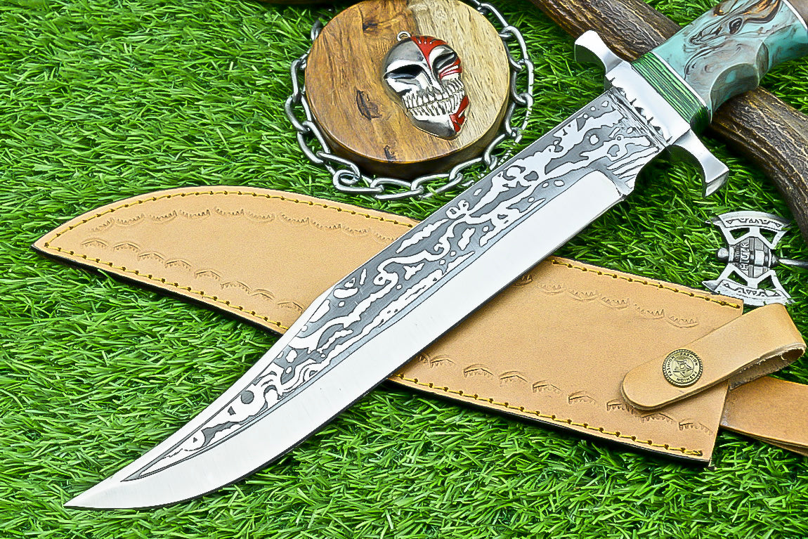 Custom Handmade Damascus Steel Bowie Knife with Turquoise and Walnut Handle | UN-8215