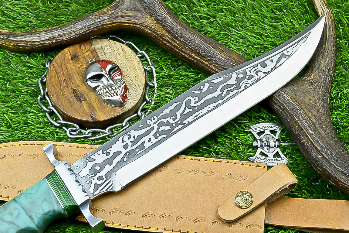 Custom Handmade Damascus Steel Bowie Knife with Turquoise and Walnut Handle | UN-8215