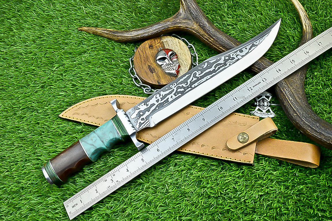 Custom Handmade Damascus Steel Bowie Knife with Turquoise and Walnut Handle | UN-8215
