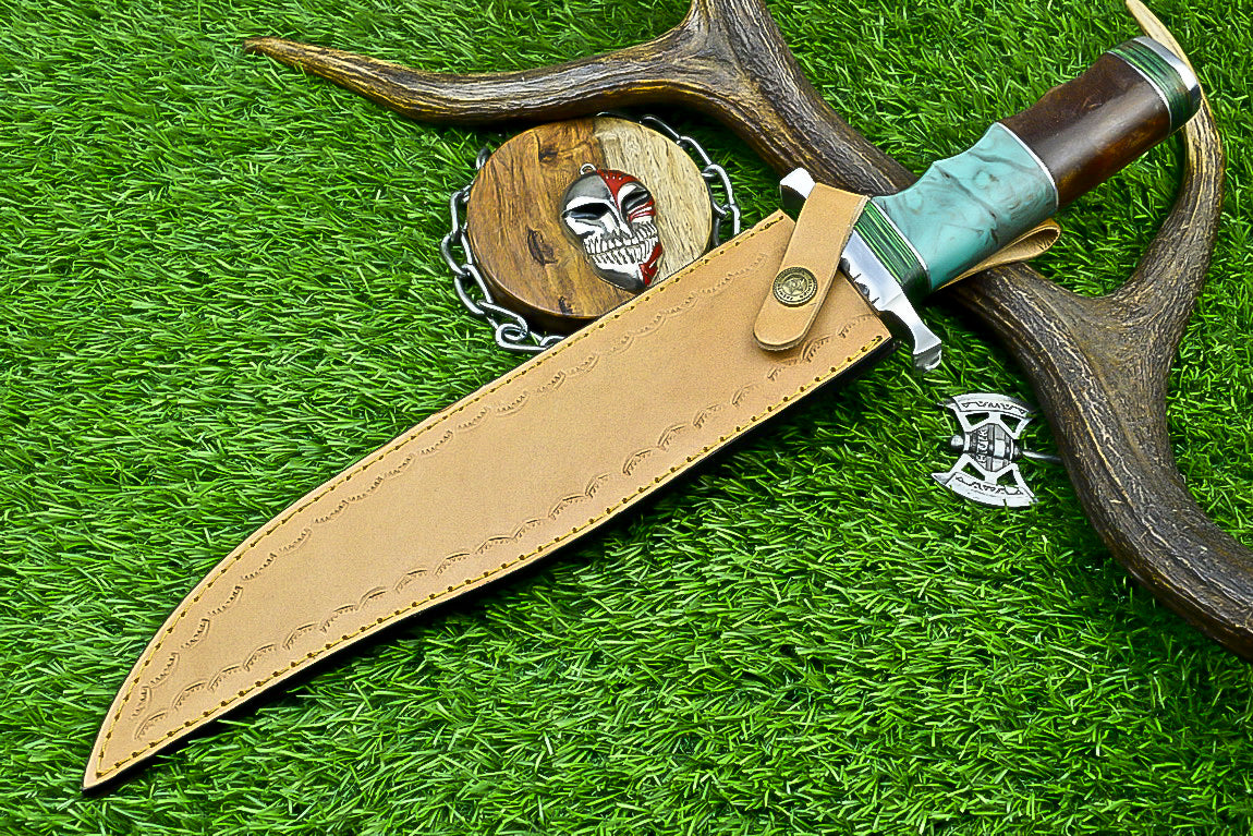 Custom Handmade Damascus Steel Bowie Knife with Turquoise and Walnut Handle | UN-8215