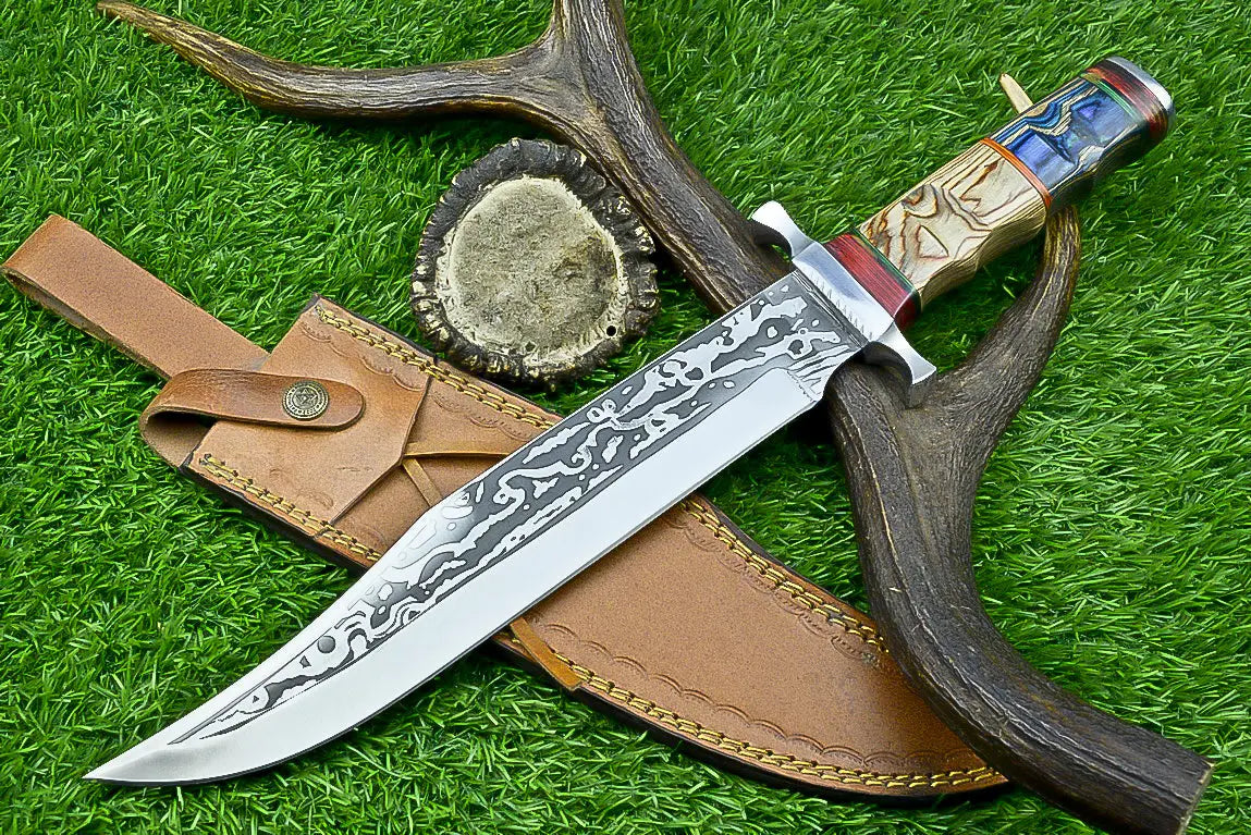 Masterfully Crafted Handmade J2 Steel Bowie Knife | Unique Etched Design, W/sheath SHKWORKS