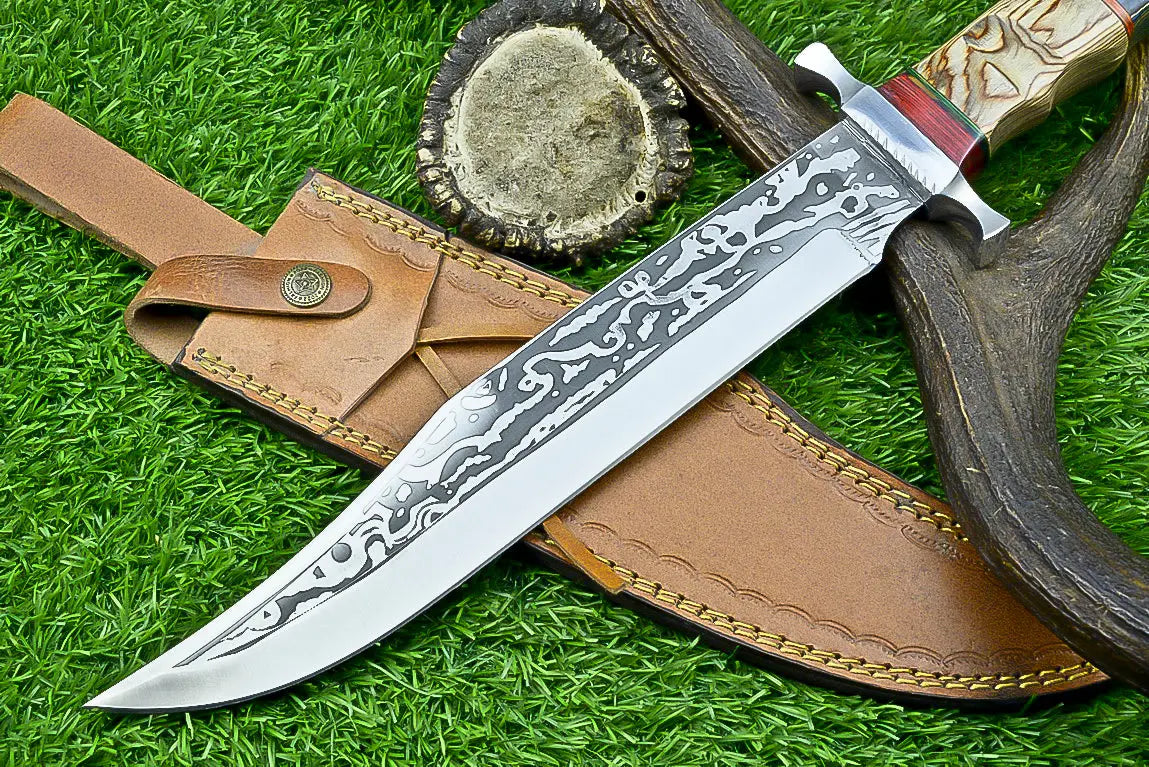 Masterfully Crafted Handmade J2 Steel Bowie Knife | Unique Etched Design, W/sheath SHKWORKS