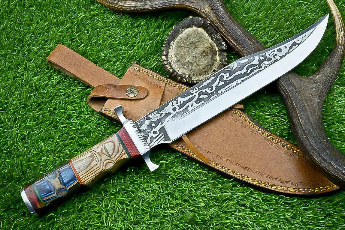 Masterfully Crafted Handmade J2 Steel Bowie Knife | Unique Etched Design, W/sheath SHKWORKS
