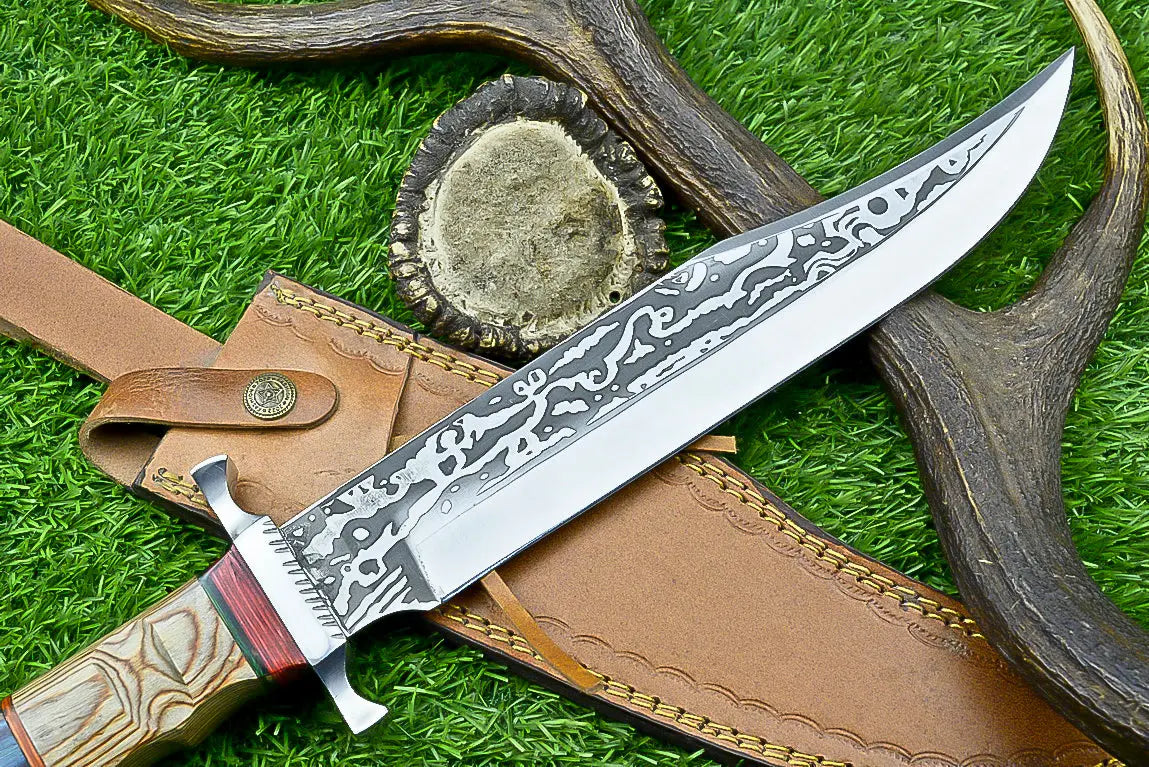 Masterfully Crafted Handmade J2 Steel Bowie Knife | Unique Etched Design, W/sheath SHKWORKS