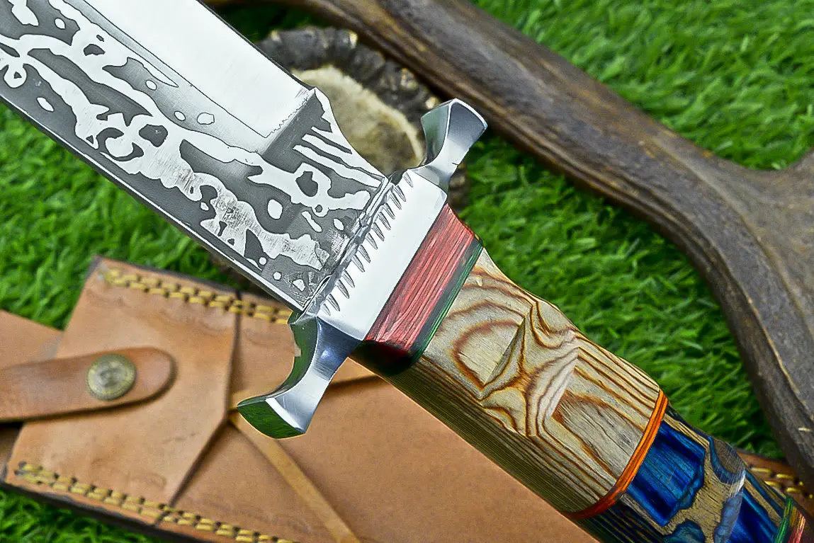 Masterfully Crafted Handmade J2 Steel Bowie Knife | Unique Etched Design, W/sheath SHKWORKS