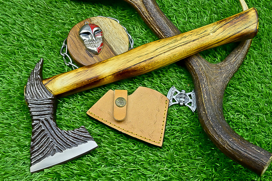Carbon Steel Tomahawk Axe – 15" Camping Hatchet with Natural Wood Handle | Survival Tool | UN-9991