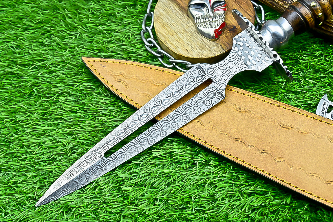 Damascus Steel Double Blade Fantasy Dagger with Leather Sheath and Bleach Mask Keychain | SN-787