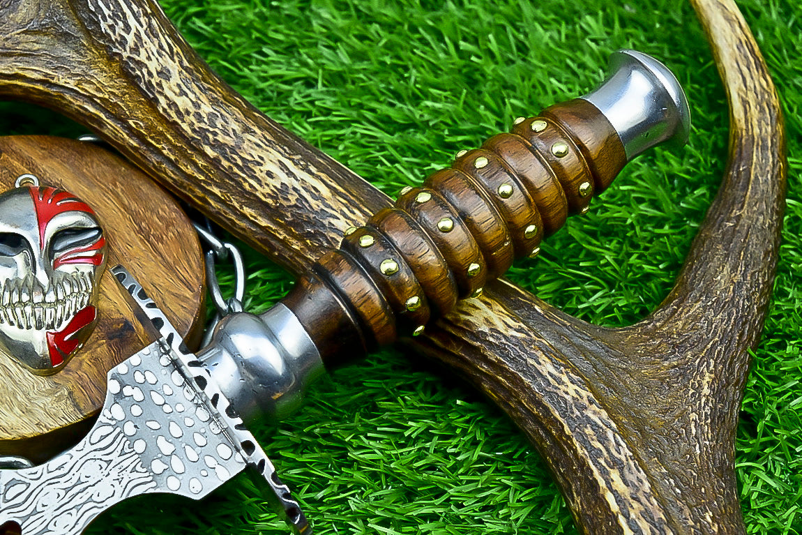 Damascus Steel Double Blade Fantasy Dagger with Leather Sheath and Bleach Mask Keychain | SN-787