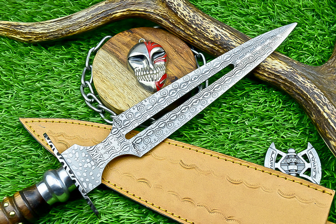 Damascus Steel Double Blade Fantasy Dagger with Leather Sheath and Bleach Mask Keychain | SN-787