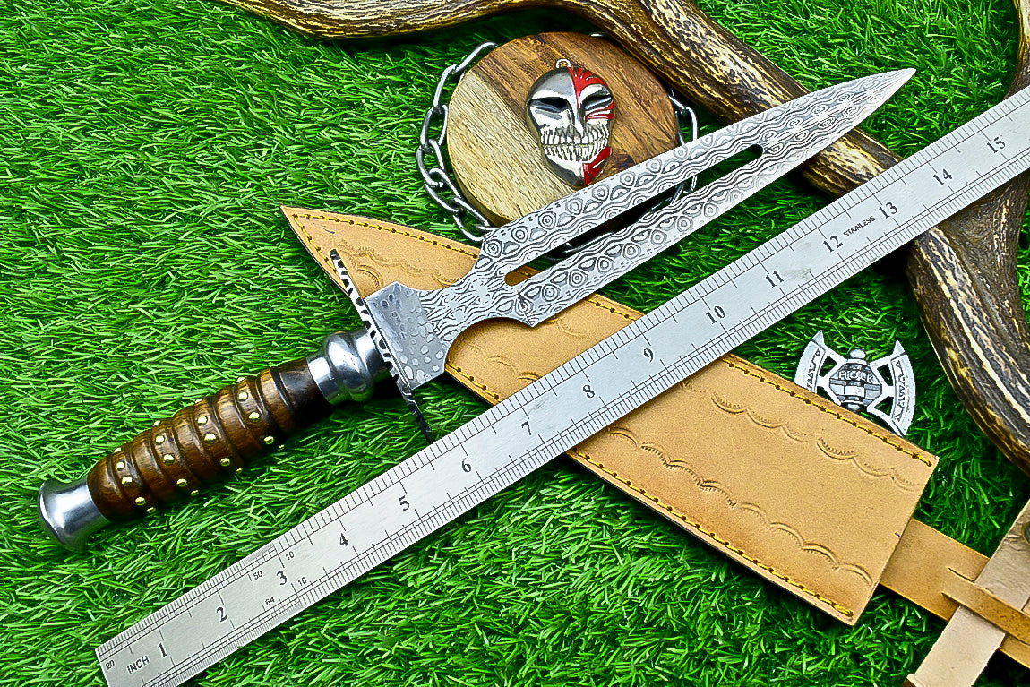 Damascus Steel Double Blade Fantasy Dagger with Leather Sheath and Bleach Mask Keychain | SN-787