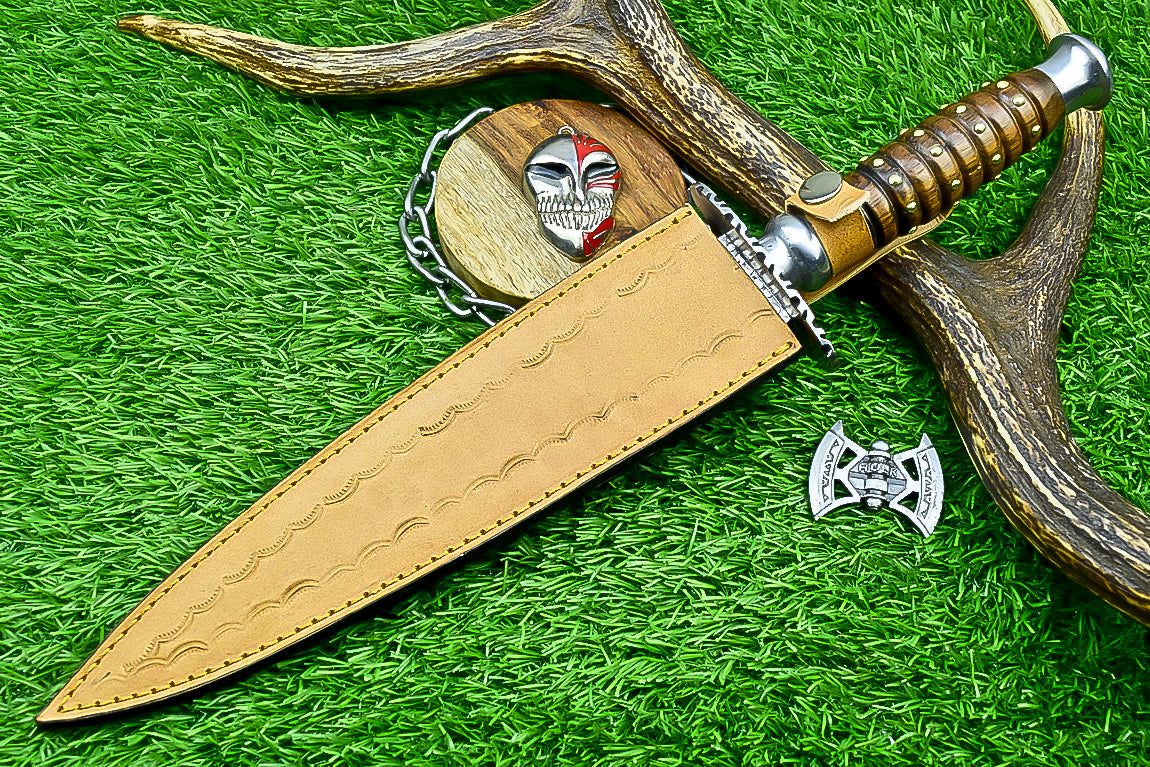 Damascus Steel Double Blade Fantasy Dagger with Leather Sheath and Bleach Mask Keychain | SN-787