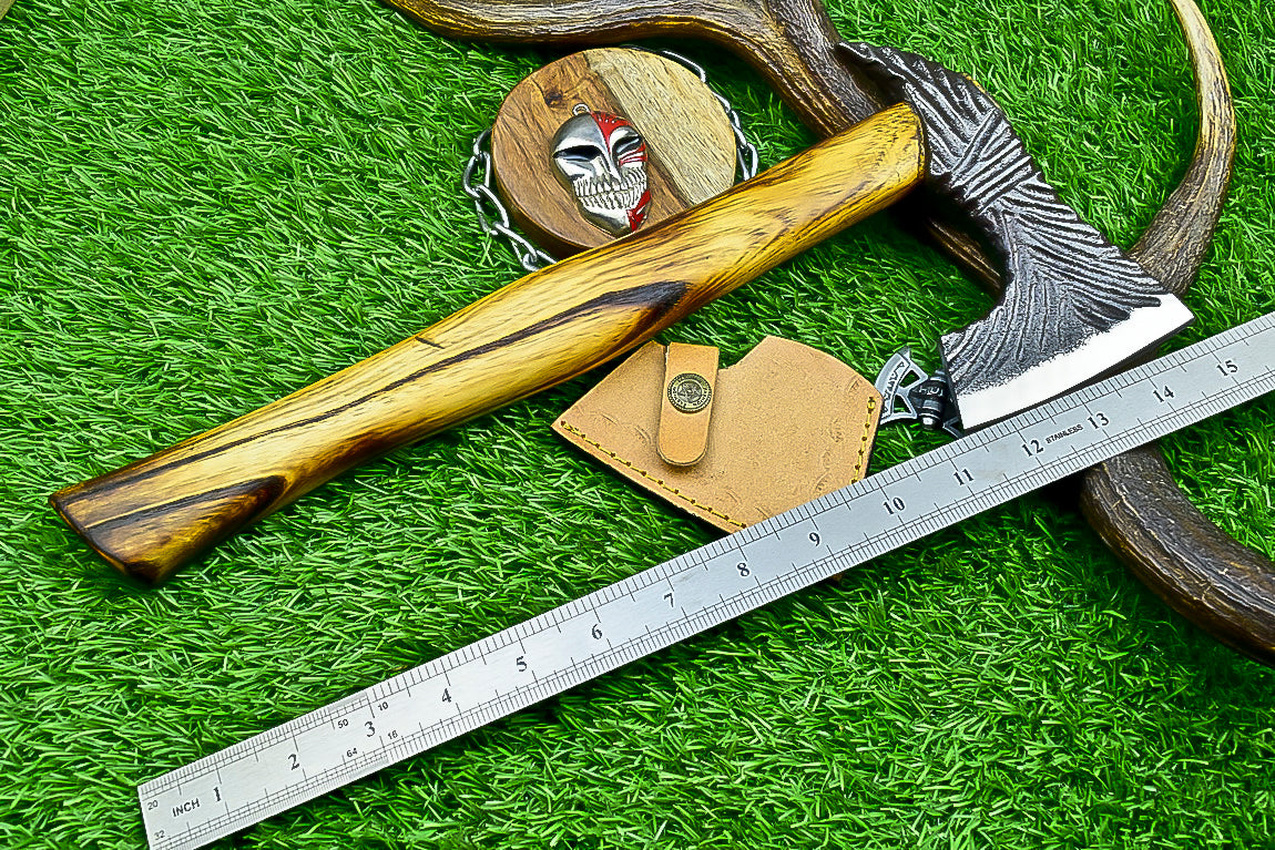 Carbon Steel Tomahawk Axe – 15" Camping Hatchet with Natural Wood Handle | Survival Tool | UN-9991