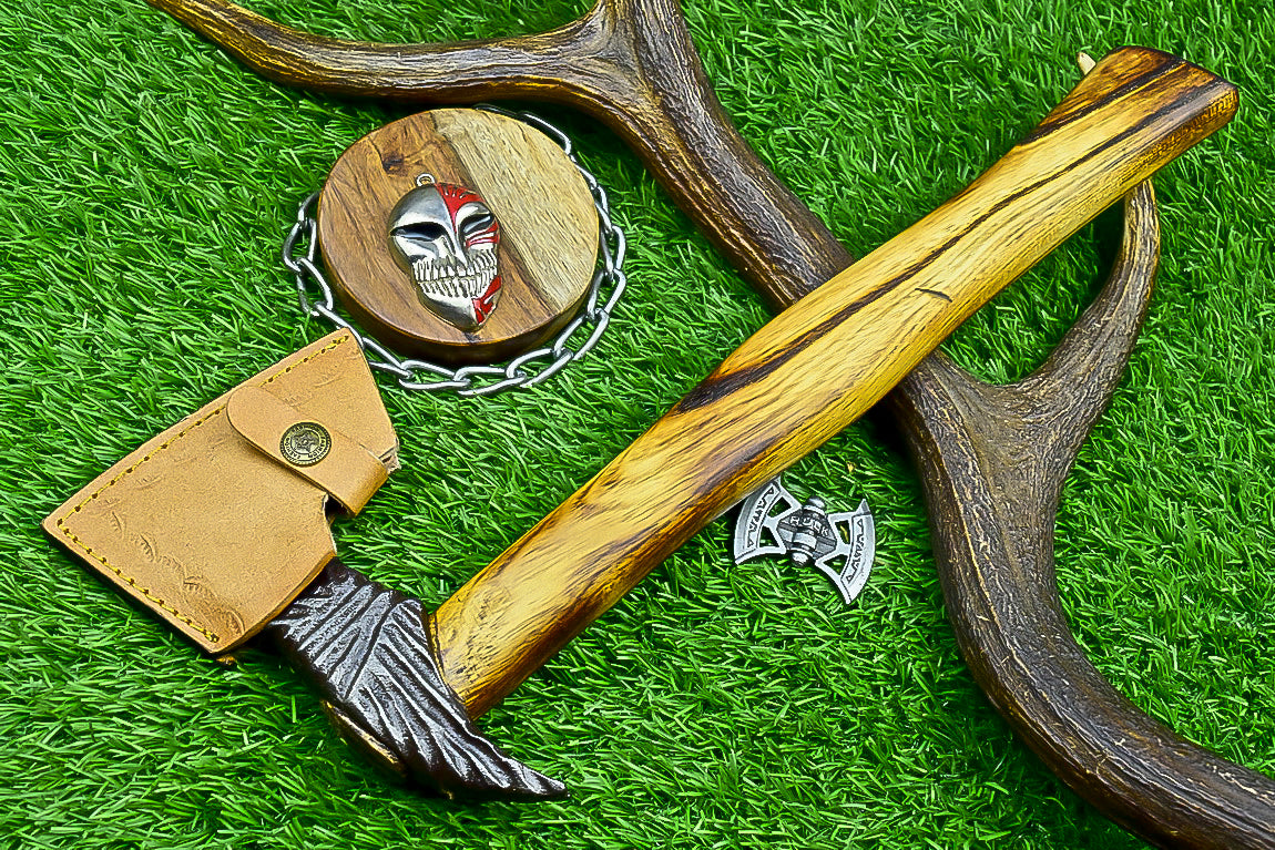 Carbon Steel Tomahawk Axe – 15" Camping Hatchet with Natural Wood Handle | Survival Tool | UN-9991