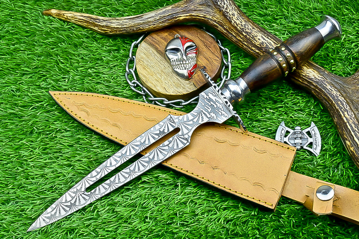 Hand Forged Two-Handed Medieval Broadsword with Scabbard | Knight Sworde – 14.7" – Rosewood Handle with Steel Bolsters & Engraved Blade | SN-761