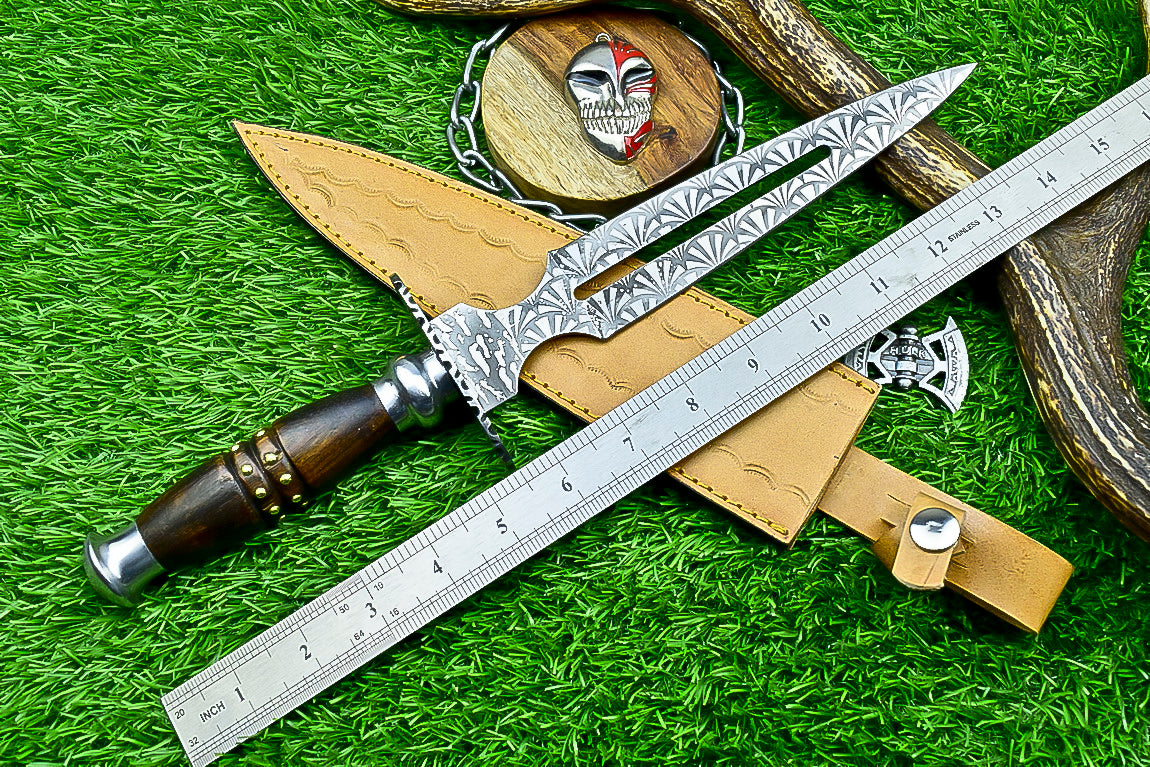 Hand Forged Two-Handed Medieval Broadsword with Scabbard | Knight Sworde – 14.7" – Rosewood Handle with Steel Bolsters & Engraved Blade | SN-761