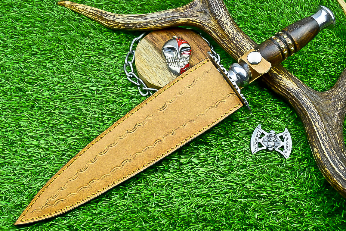 Hand Forged Two-Handed Medieval Broadsword with Scabbard | Knight Sworde – 14.7" – Rosewood Handle with Steel Bolsters & Engraved Blade | SN-761