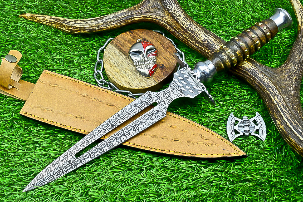 Damascus Steel Double Blade Fantasy Dagger with Leather Sheath and Bleach Mask Keychain | SN-782