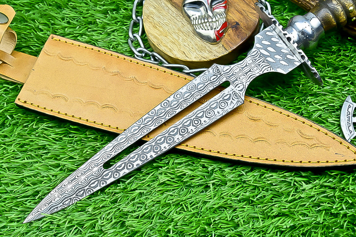 Damascus Steel Double Blade Fantasy Dagger with Leather Sheath and Bleach Mask Keychain | SN-782