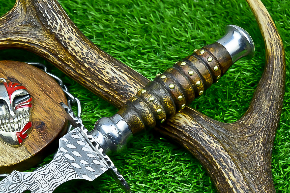Damascus Steel Double Blade Fantasy Dagger with Leather Sheath and Bleach Mask Keychain | SN-782
