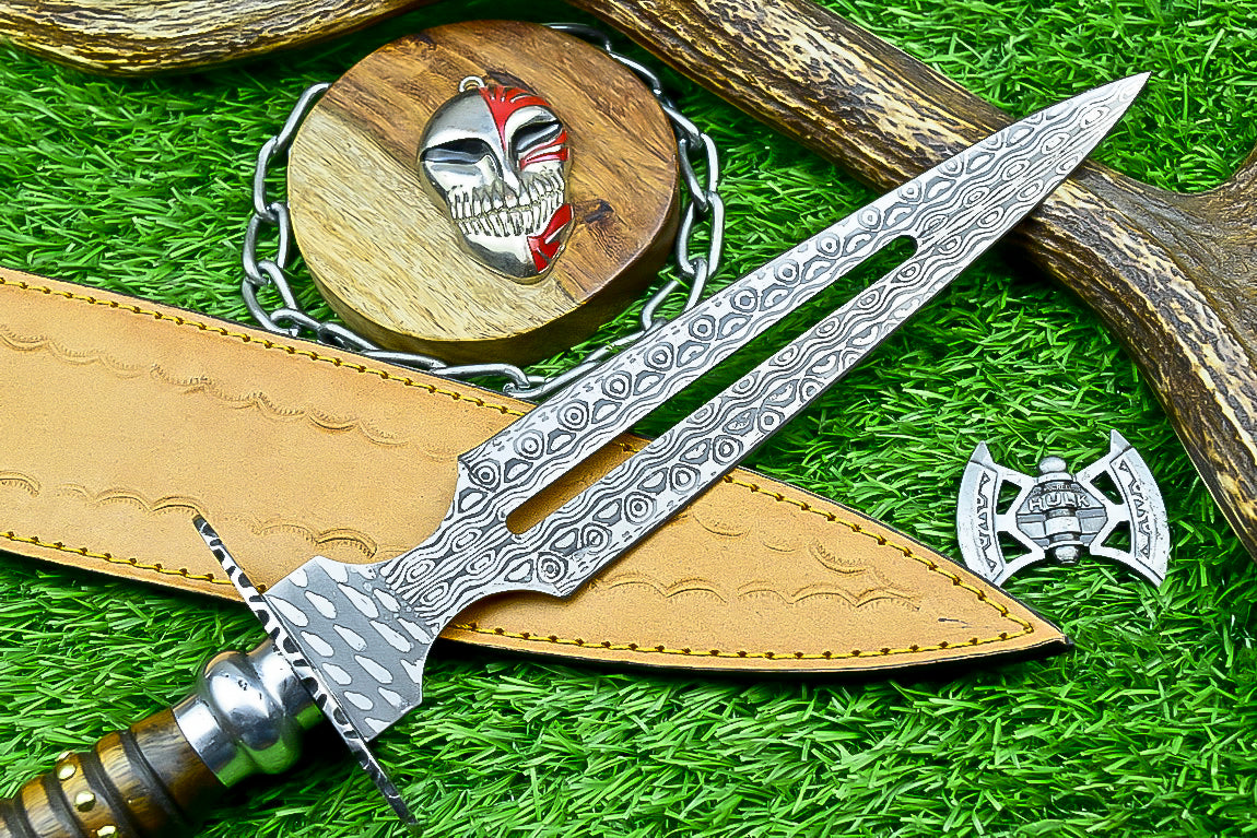 Damascus Steel Double Blade Fantasy Dagger with Leather Sheath and Bleach Mask Keychain | SN-782