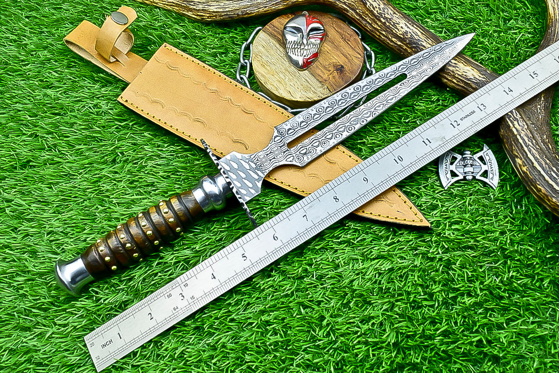 Damascus Steel Double Blade Fantasy Dagger with Leather Sheath and Bleach Mask Keychain | SN-782